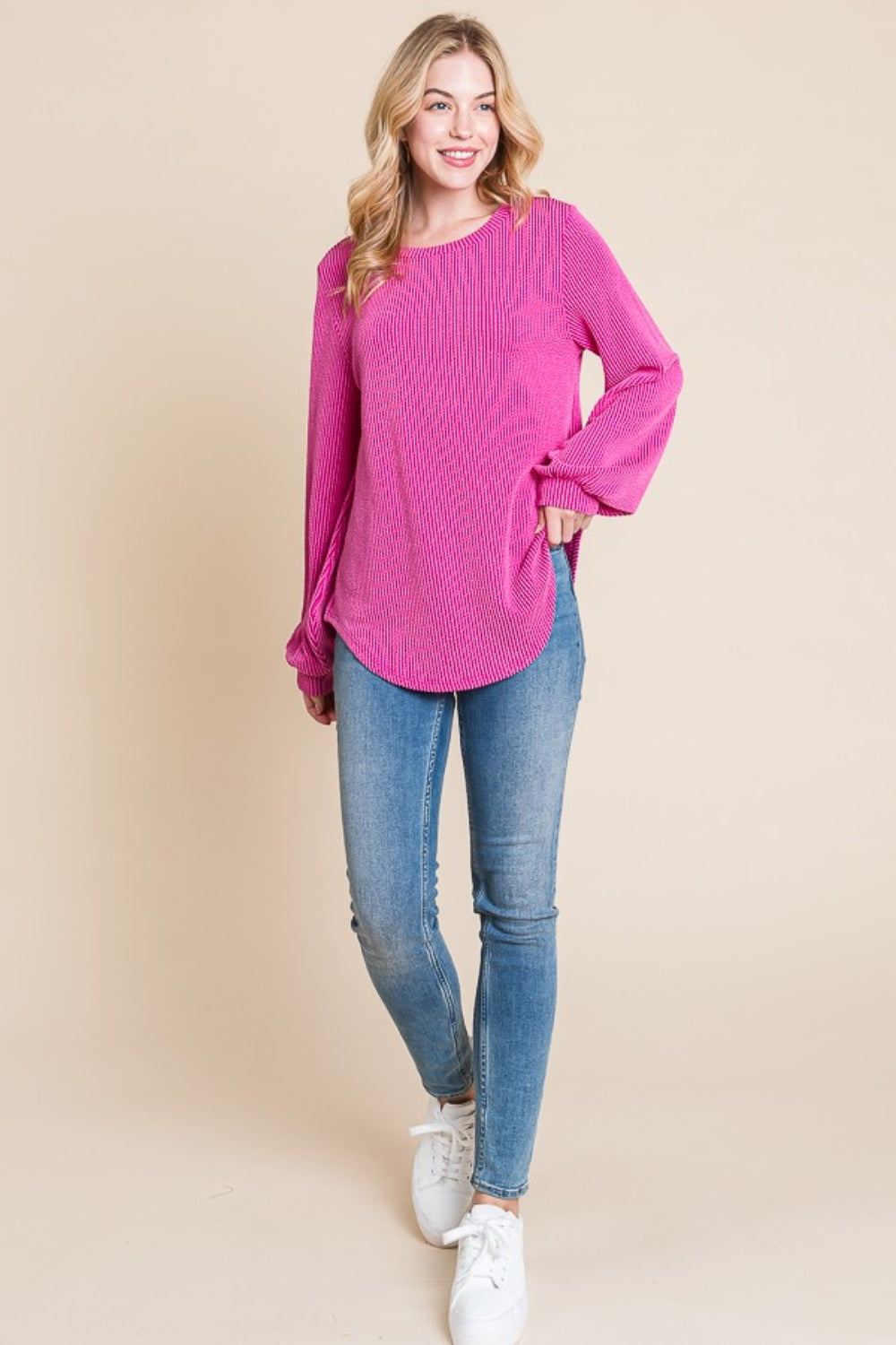 Long Sleeve Curved Hem Ribbed T-Shirt