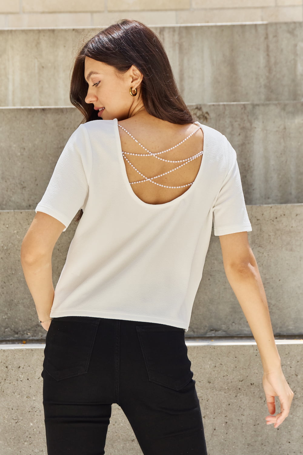 And The Why Open Back T-shirt Off White / S And The Why Pearly White Full Size Criss Cross Open Back T-Shirt