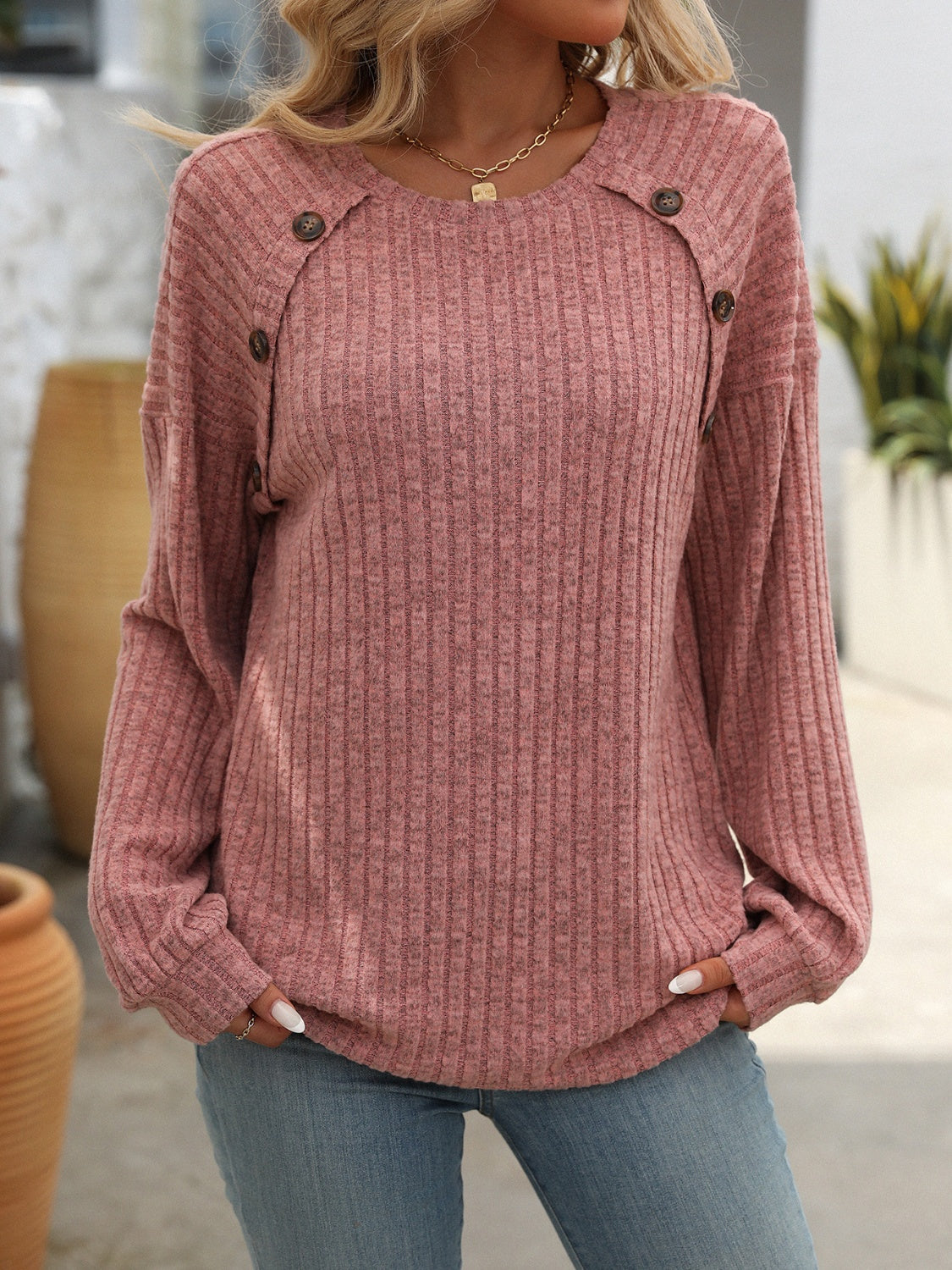 Decor Button Long Sleeve Ribbed T-Shirt