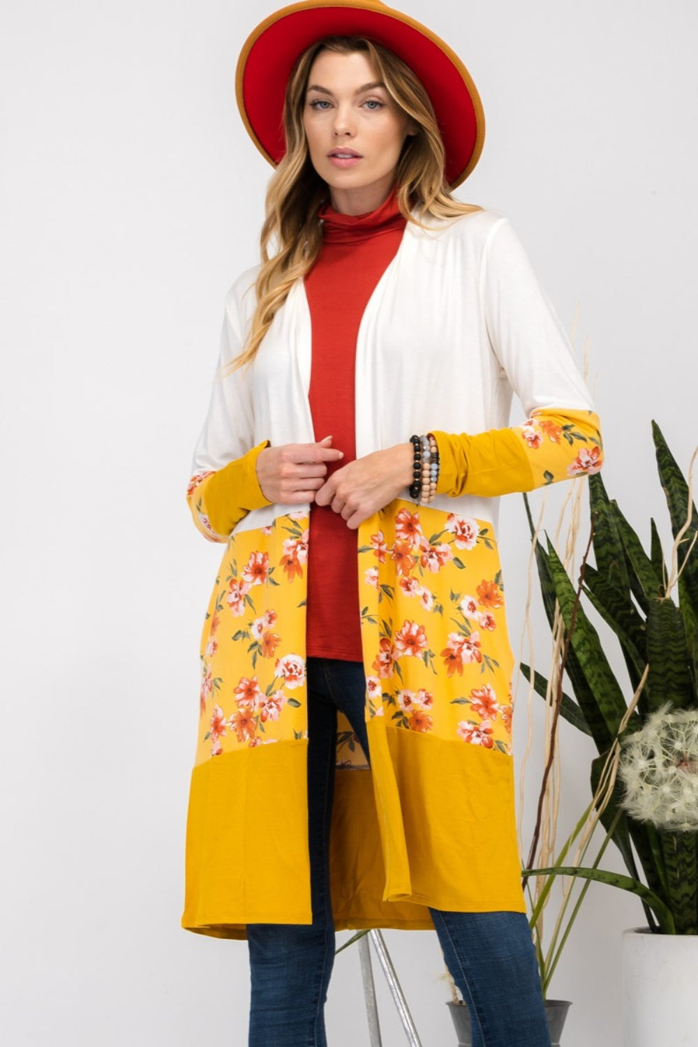 Full Size Floral Color Block Open Front Cardigan