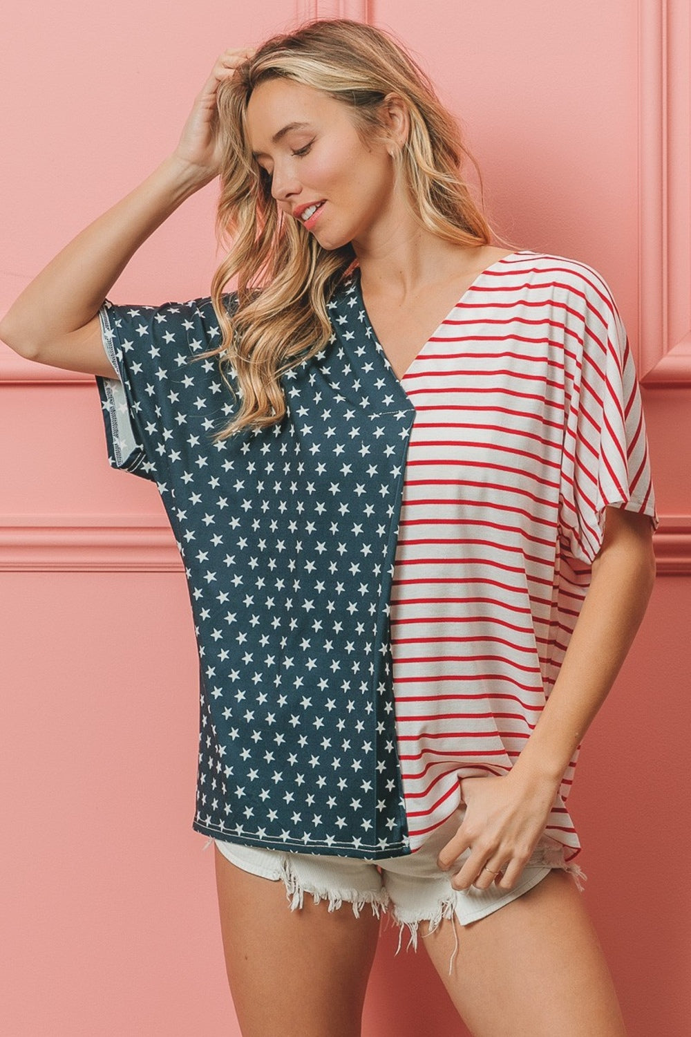 US Flag Themed Color Block Short Sleeve T-Shirt