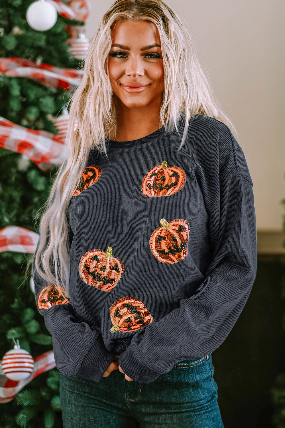 Sequin Patch Pumpkin Round Neck Sweatshirt