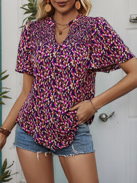 Printed Notched Flutter Sleeve Blouse