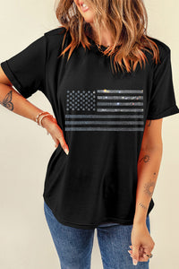 Rhinestone US Flag Round Neck Short Sleeve T-Shirt