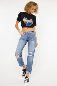 Mid Rise Distressed Straight Jeans