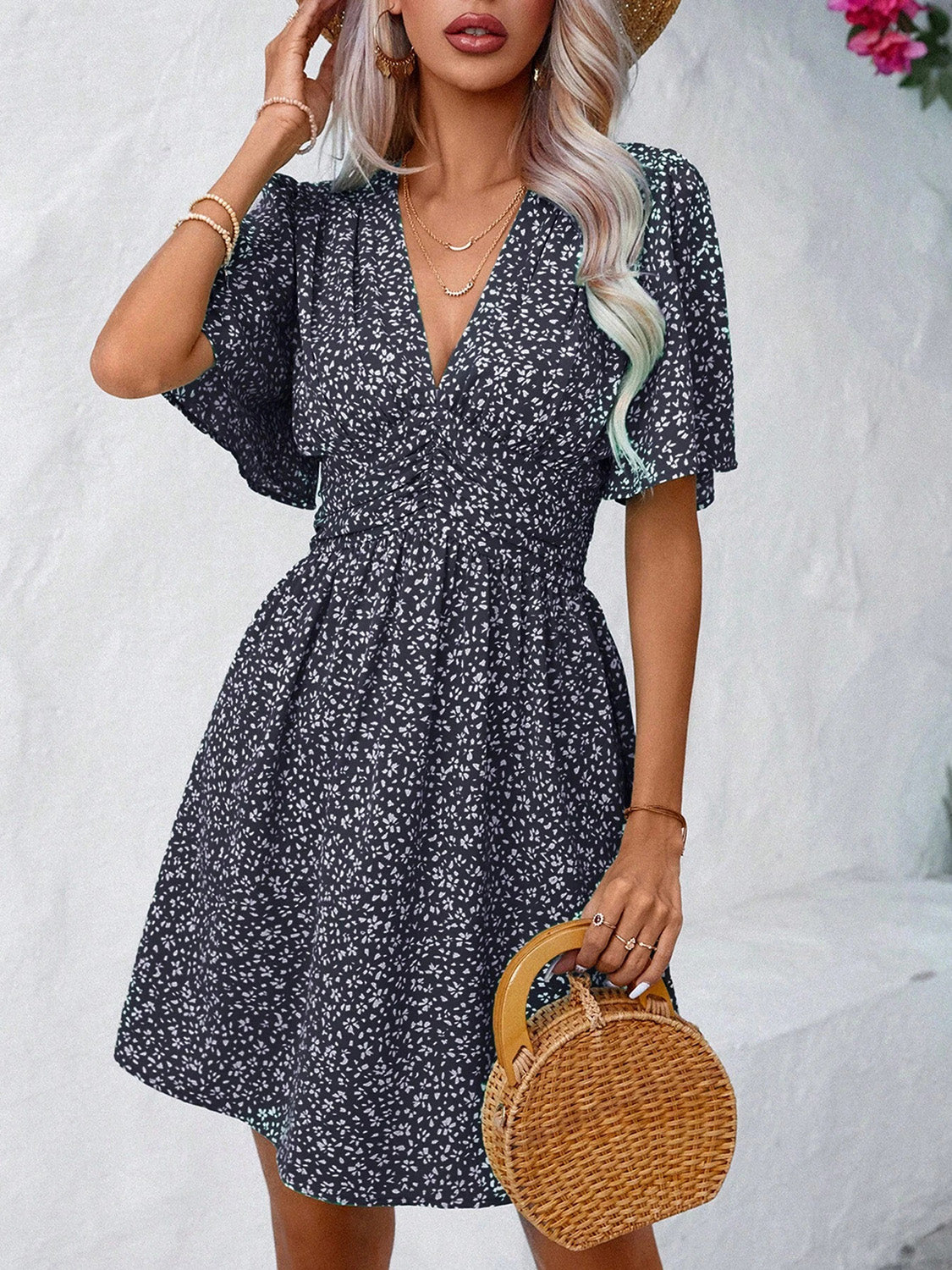 Printed Half Sleeve V-Neck Mini Dress