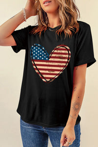 Stars and Stripes Heart Round Neck Short Sleeve T-Shirt