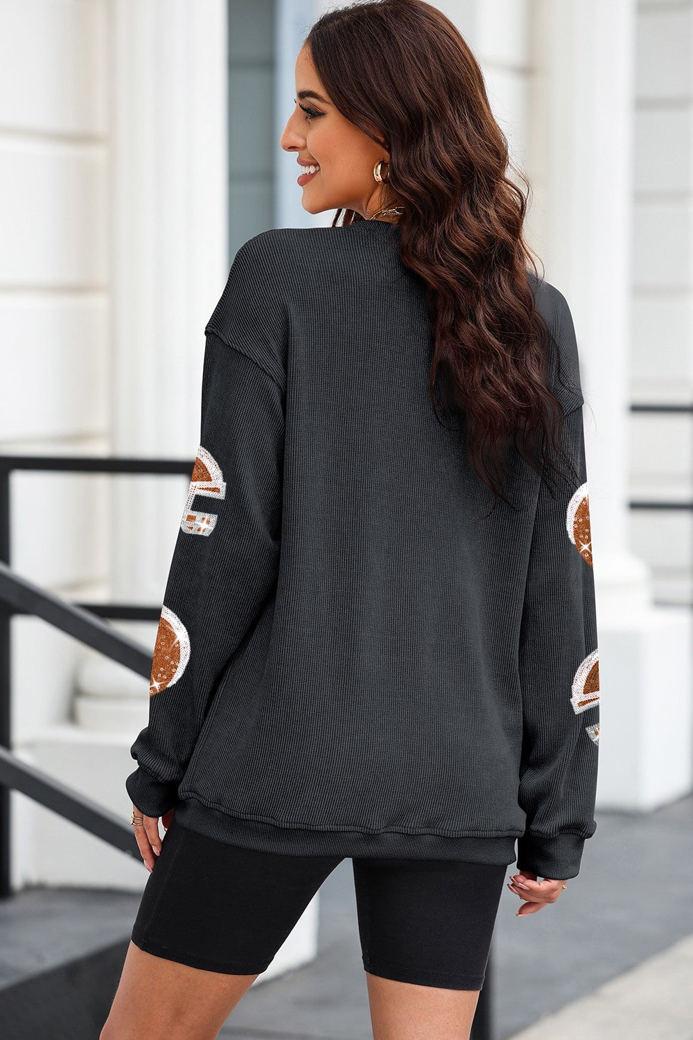 Sequin Helmet Round Neck Long Sleeve Sweatshirt