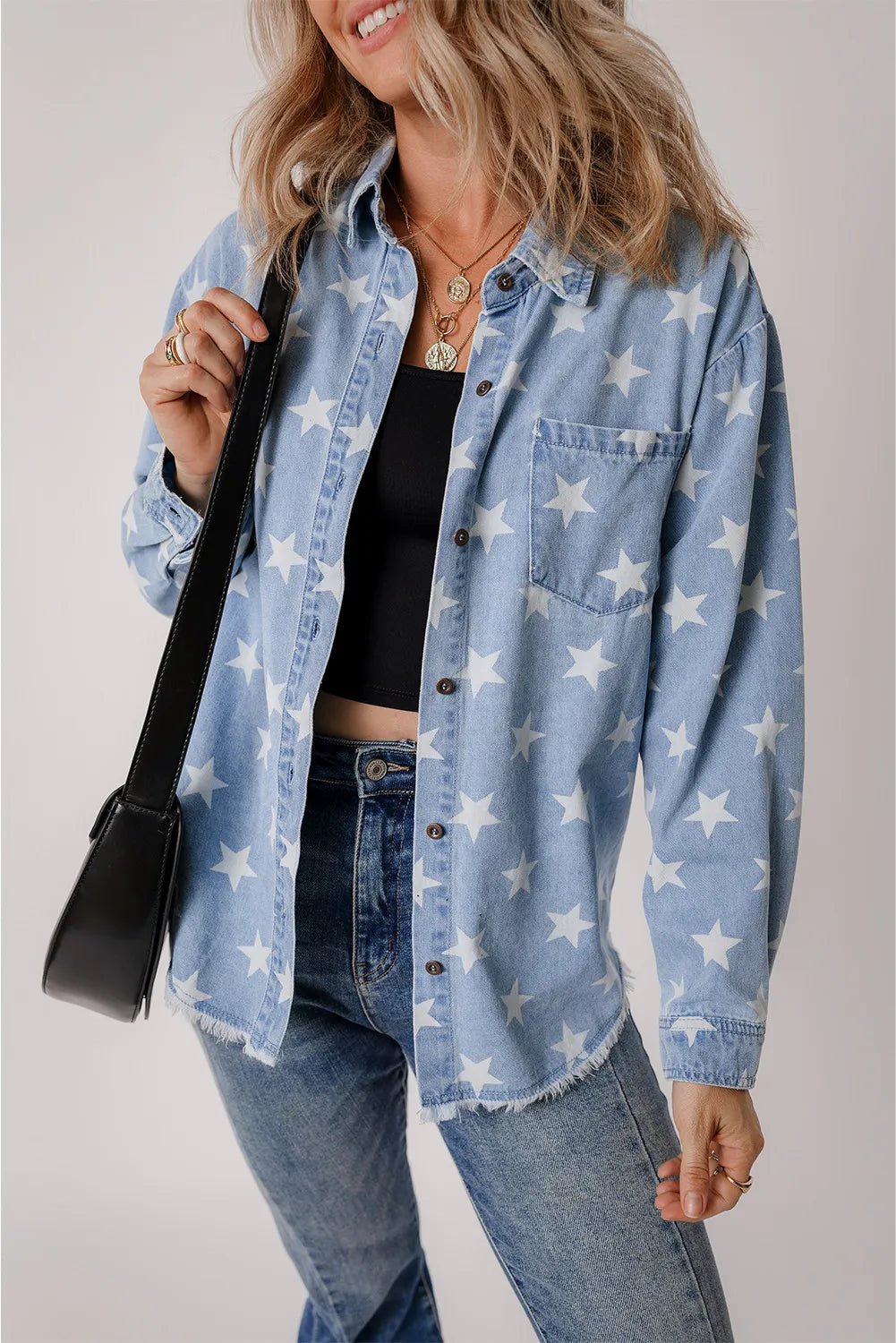 Star Button Up Long Sleeve Denim Jacket