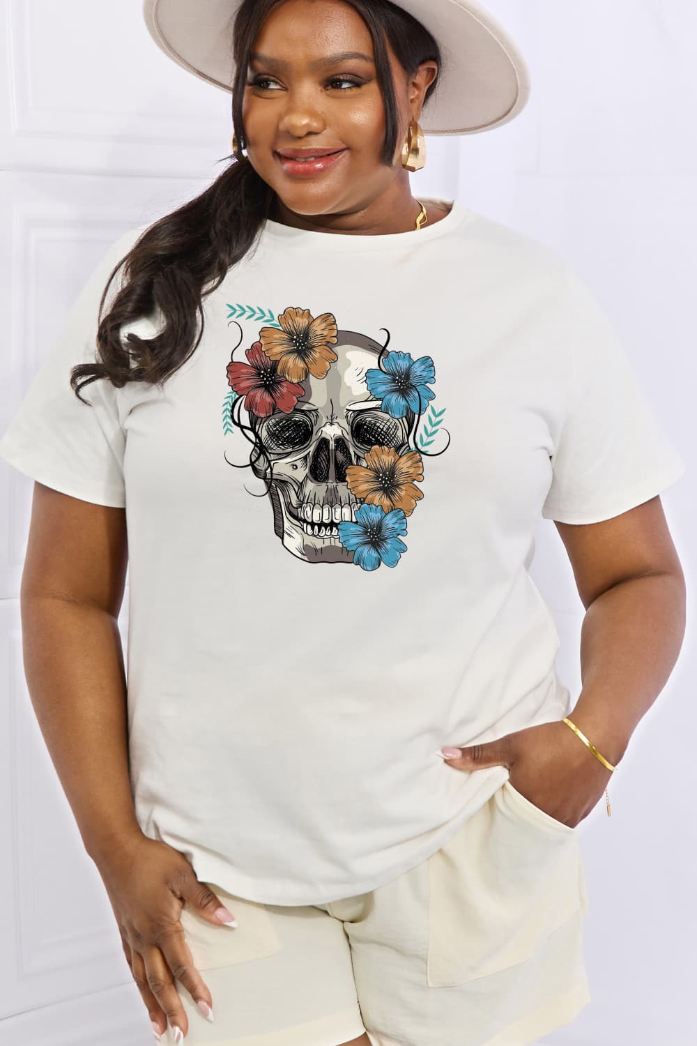 Full Size Flower Skull Graphic Cotton Tee