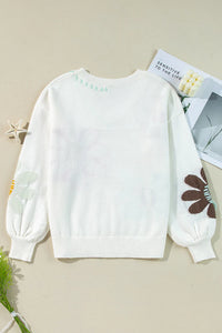 Flower V-Neck Dropped Shoulder Sweater