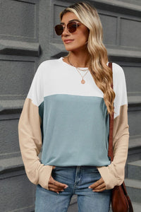 Double Take Contrast Round Neck Long Sleeve T-Shirt