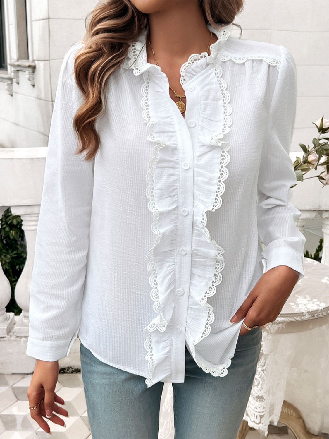 Devine Textured Lace Detail Long Sleeve Shirt