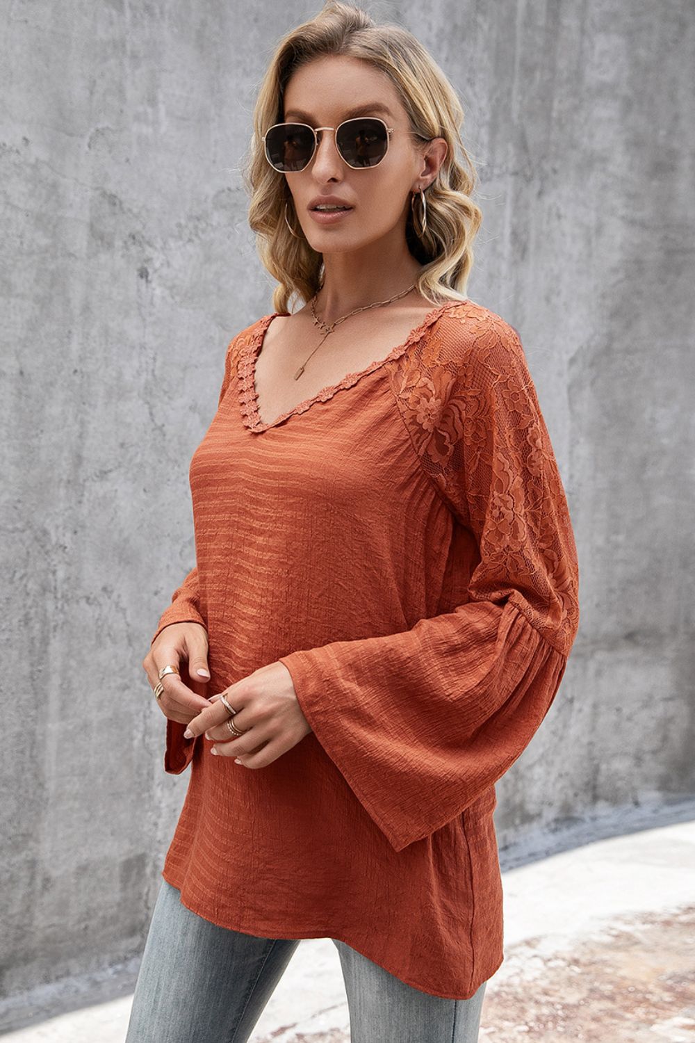 Ivy Lane V-Neck Spliced Lace Flare Sleeve Top