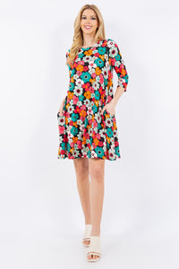 Celeste Full Size Floral Three-Quarter Sleeve Dress with Pockets