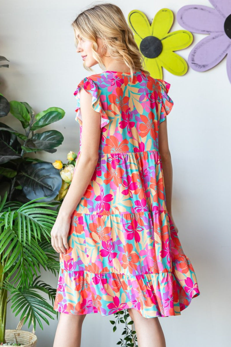 Full Size Floral Cap Sleeve Tiered Dress