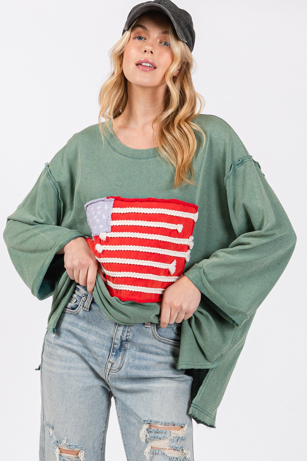 Full Size American Flag Patch Drop Shoulder T-Shirt