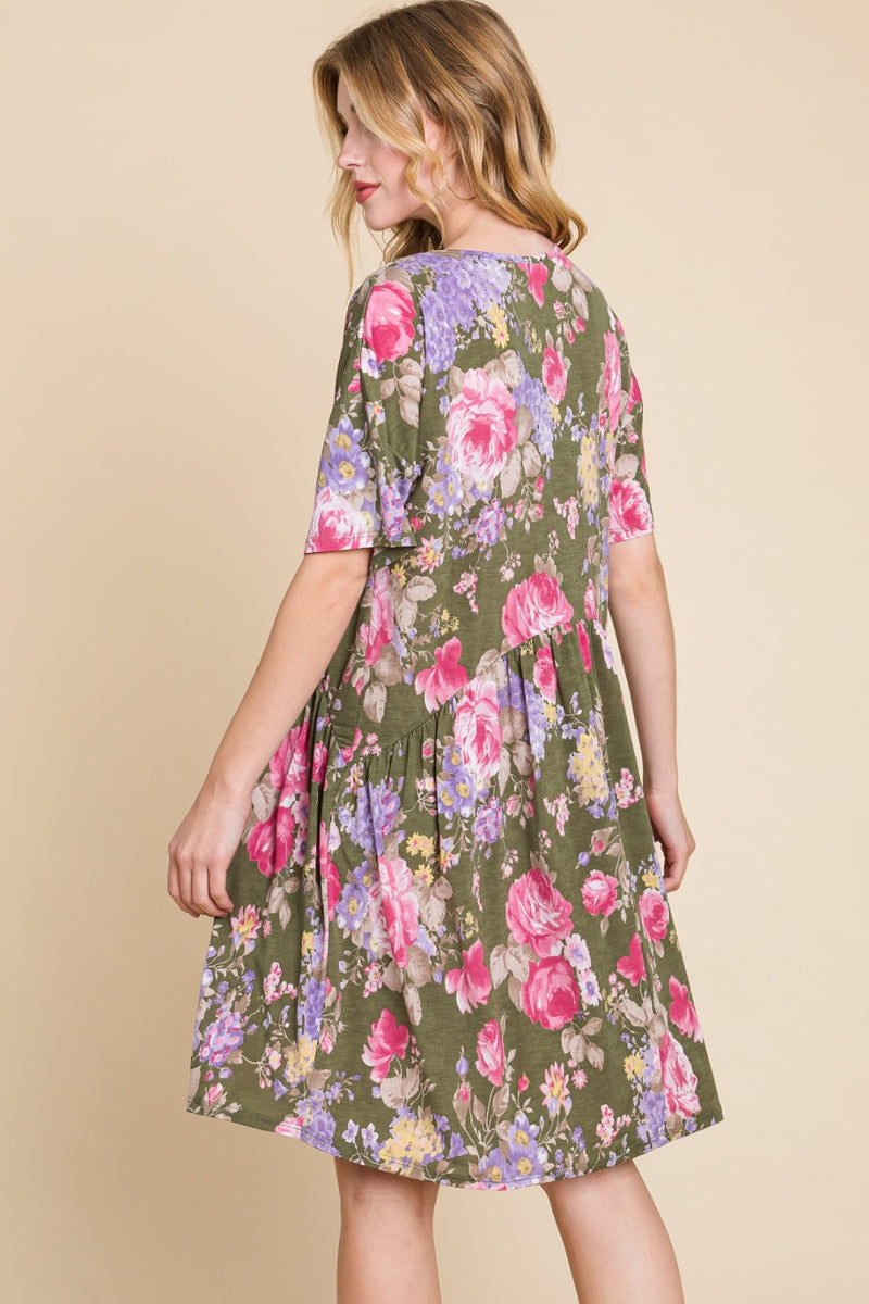 Flower Print V-Neck Ruched Dress