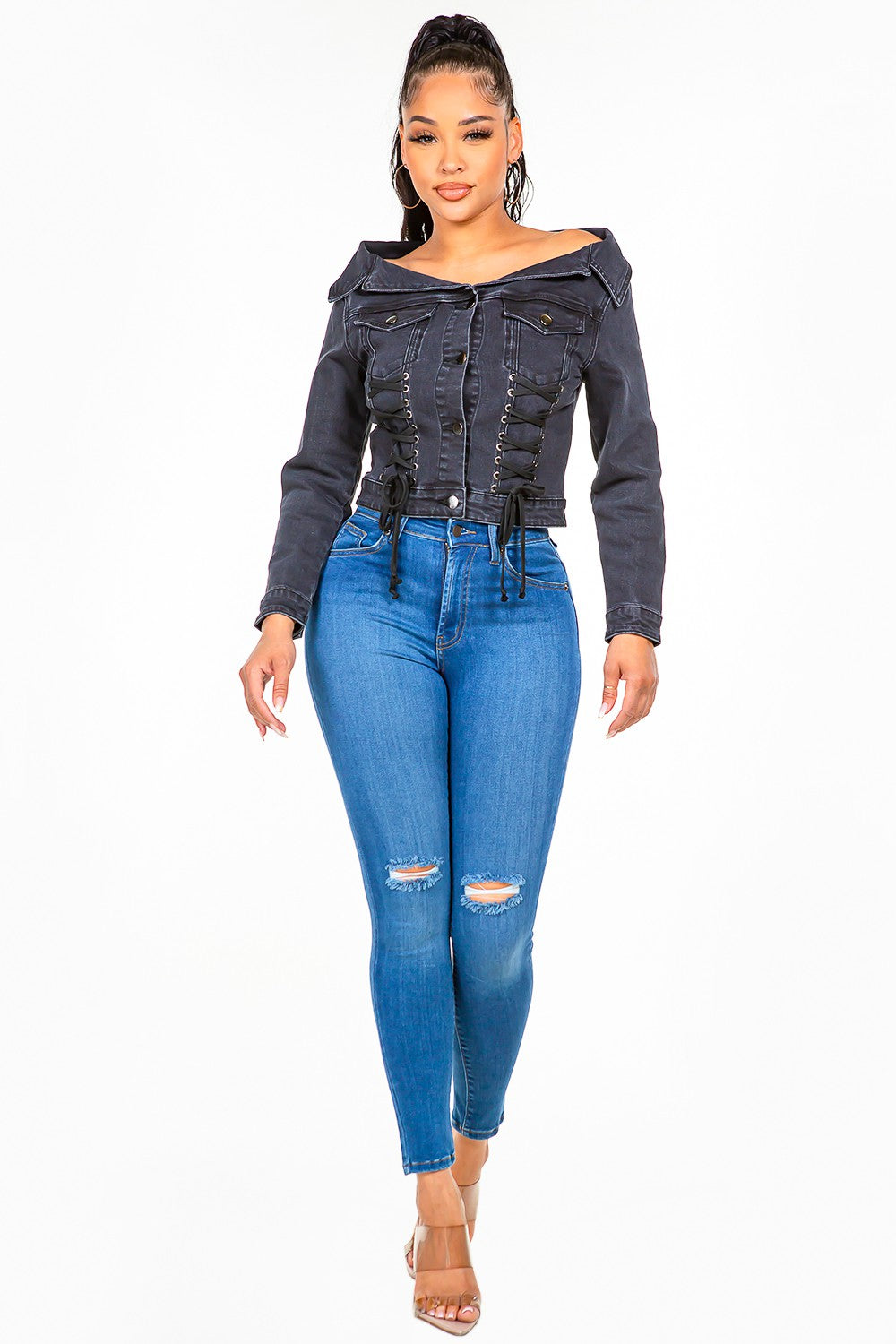 Off Shoulder Lace Up Denim Jacket