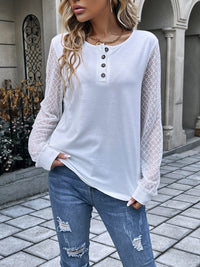 Ivy Lane Quarter Button Round Neck Long Sleeve Blouse