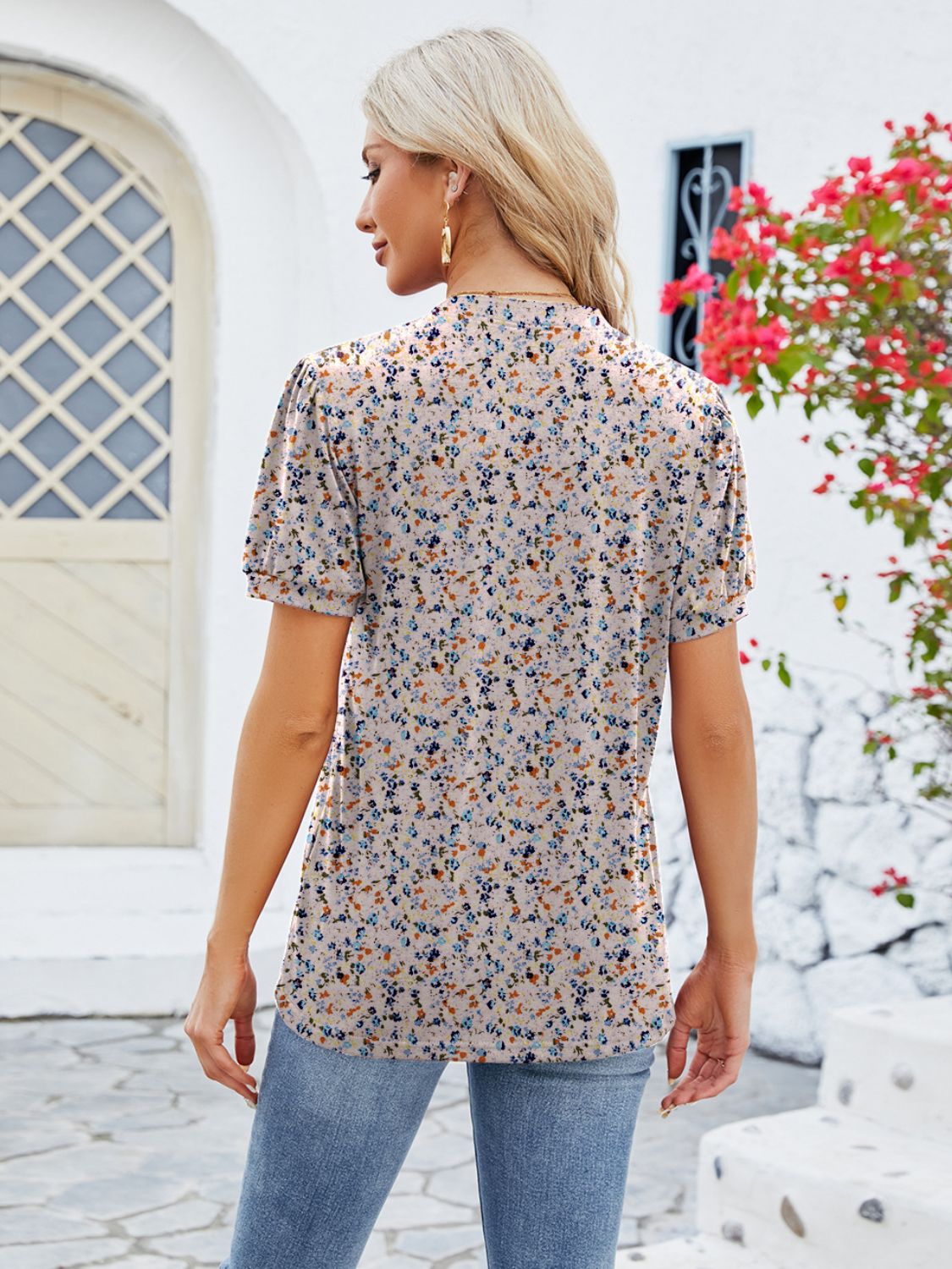 Ruched Printed Notched Short Sleeve Blouse