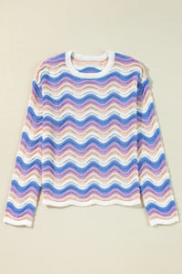 Contrast Wave Stripe Long Sleeve Sweater