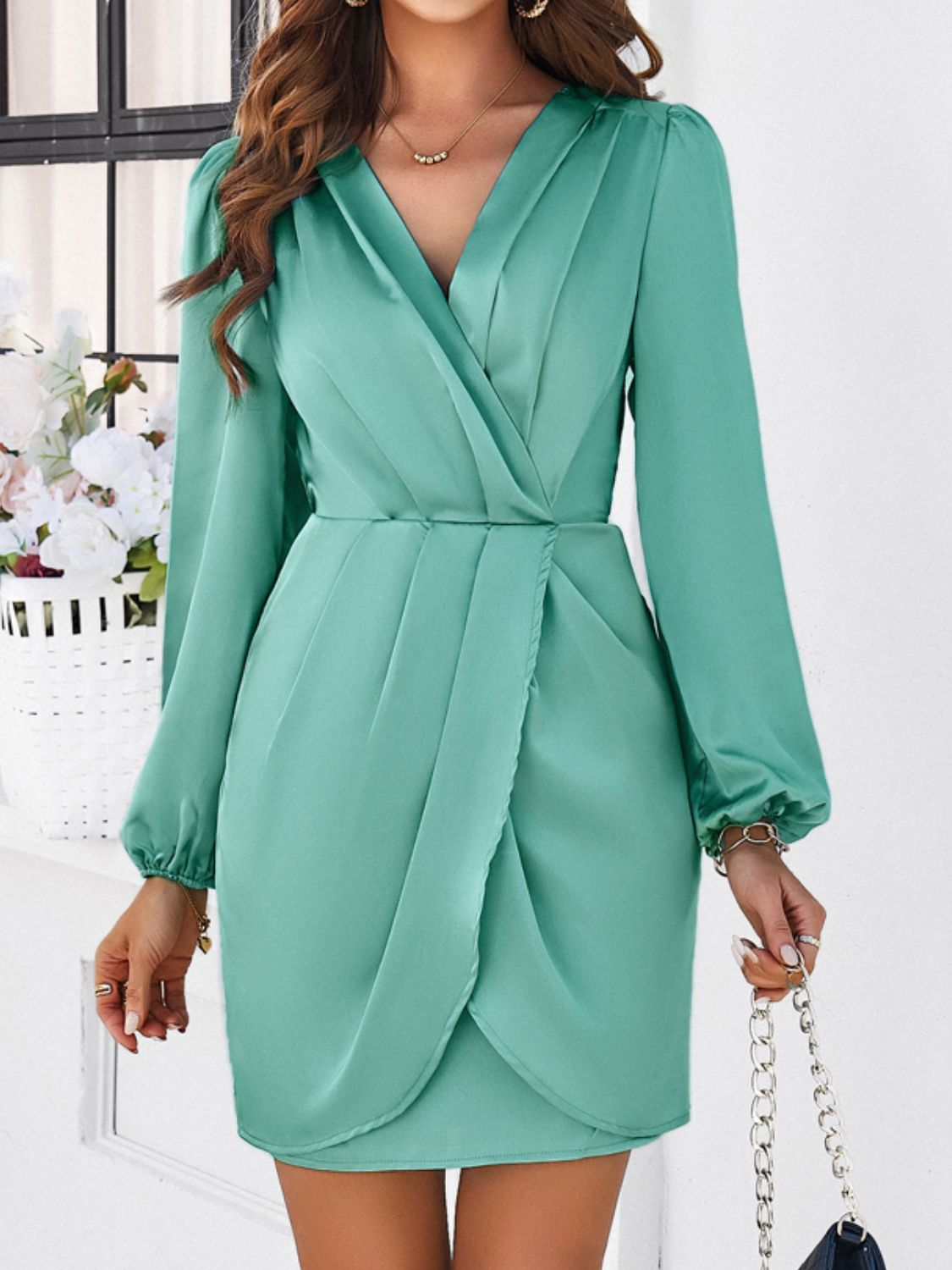 Devine Ruched Surplice Long Sleeve Mini Dress