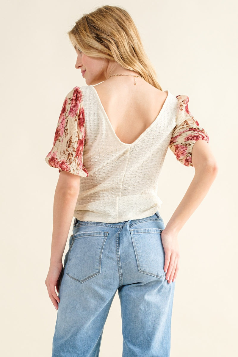 And The Why Full Size Floral Print Textured Sleeve Knit Top