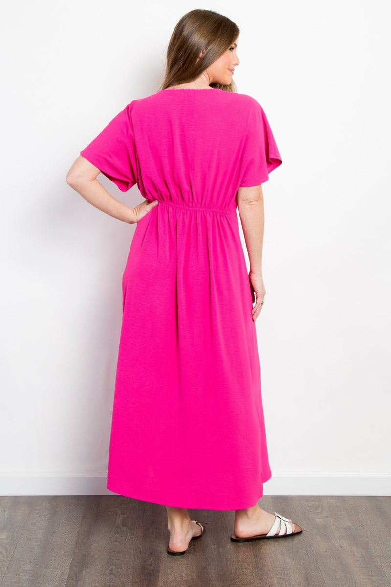 Full Size Shirred Front Short Sleeve Maxi Dress