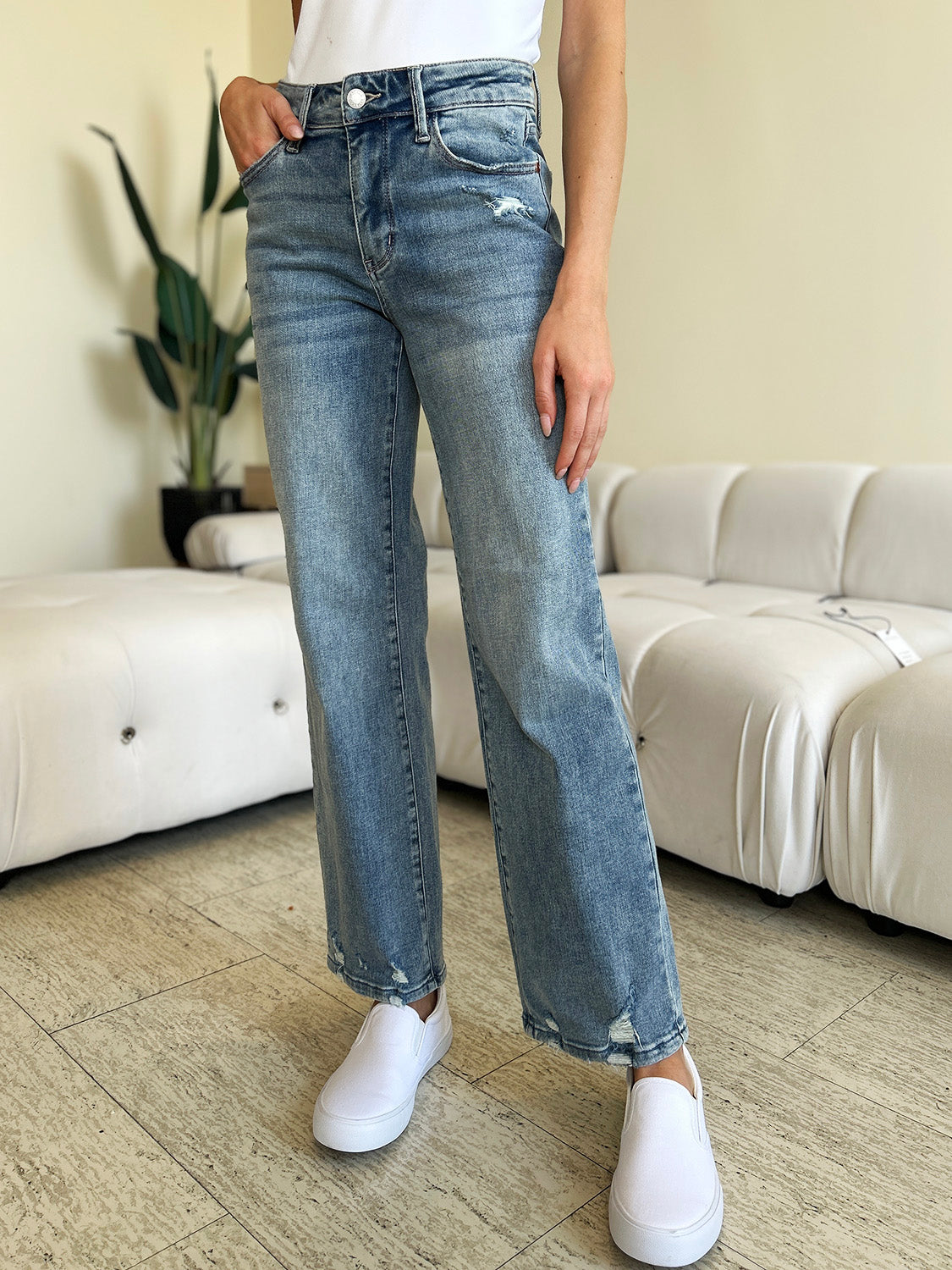 Full Size High Waist Distressed Straight Jeans