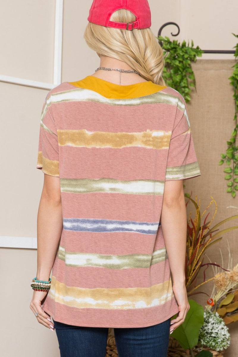 Full Size Striped Short Sleeve V-Neck T-Shirt