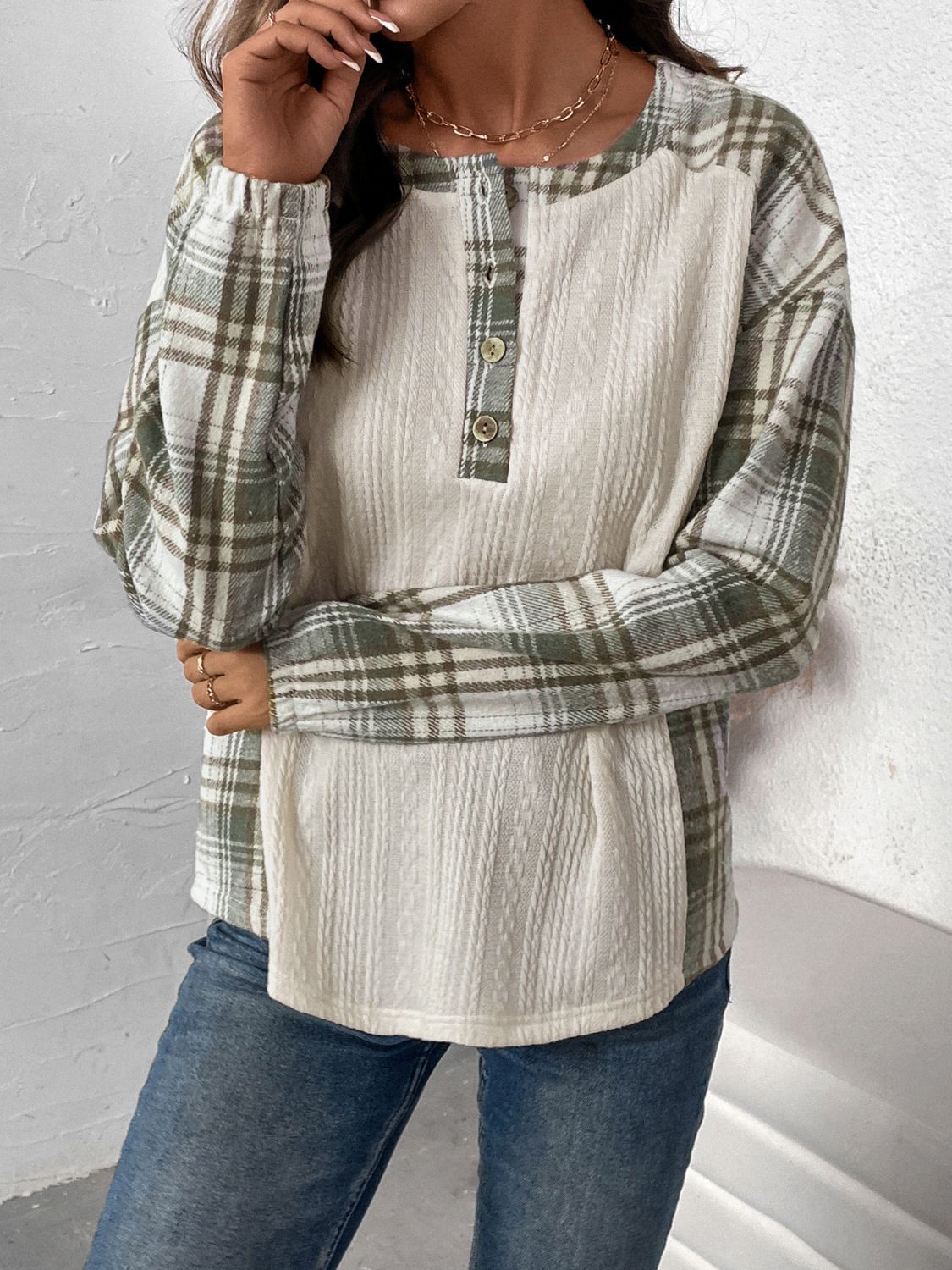 Perfee Plaid Half Button Long Sleeve T-Shirt