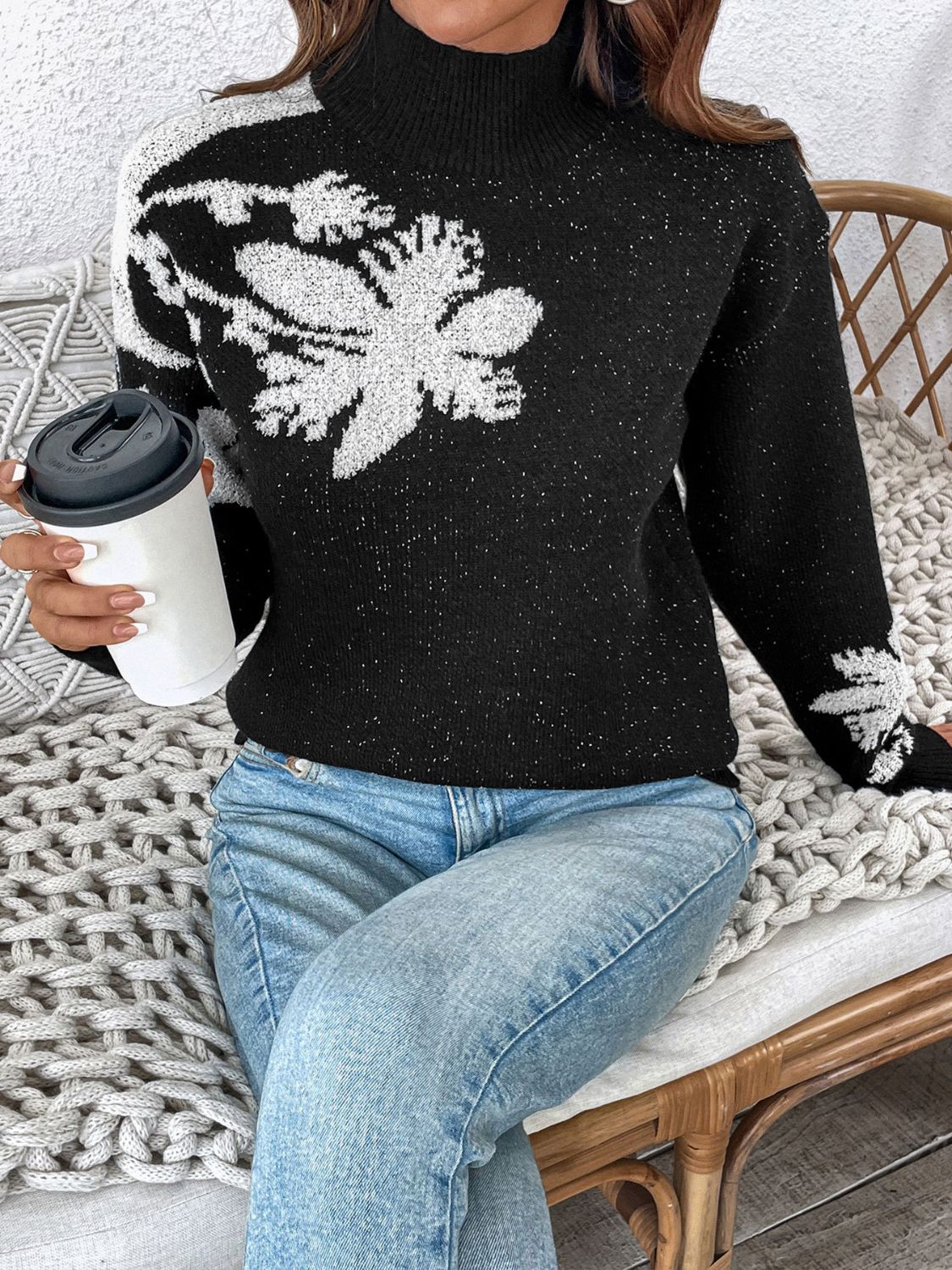 Perfee Flower Mock Neck Long Sleeve Sweater