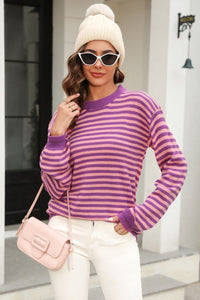 Angel Wings Striped Round Neck Dropped Shoulder Sweater