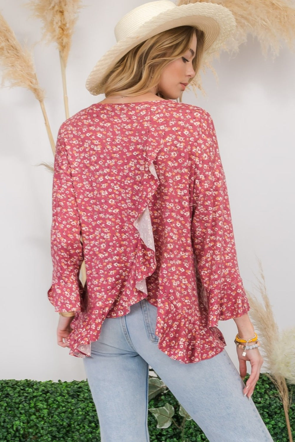 Full Size Floral Ruffle Detail Top