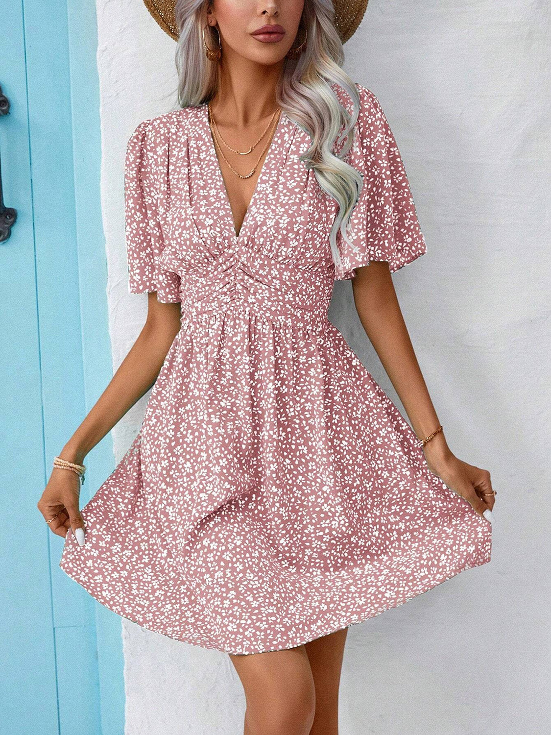 Printed Half Sleeve V-Neck Mini Dress