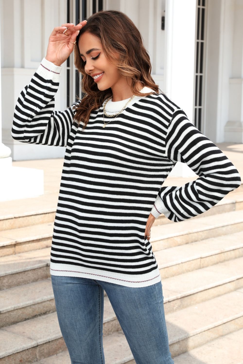 Angel Wings Striped Round Neck Dropped Shoulder Sweater