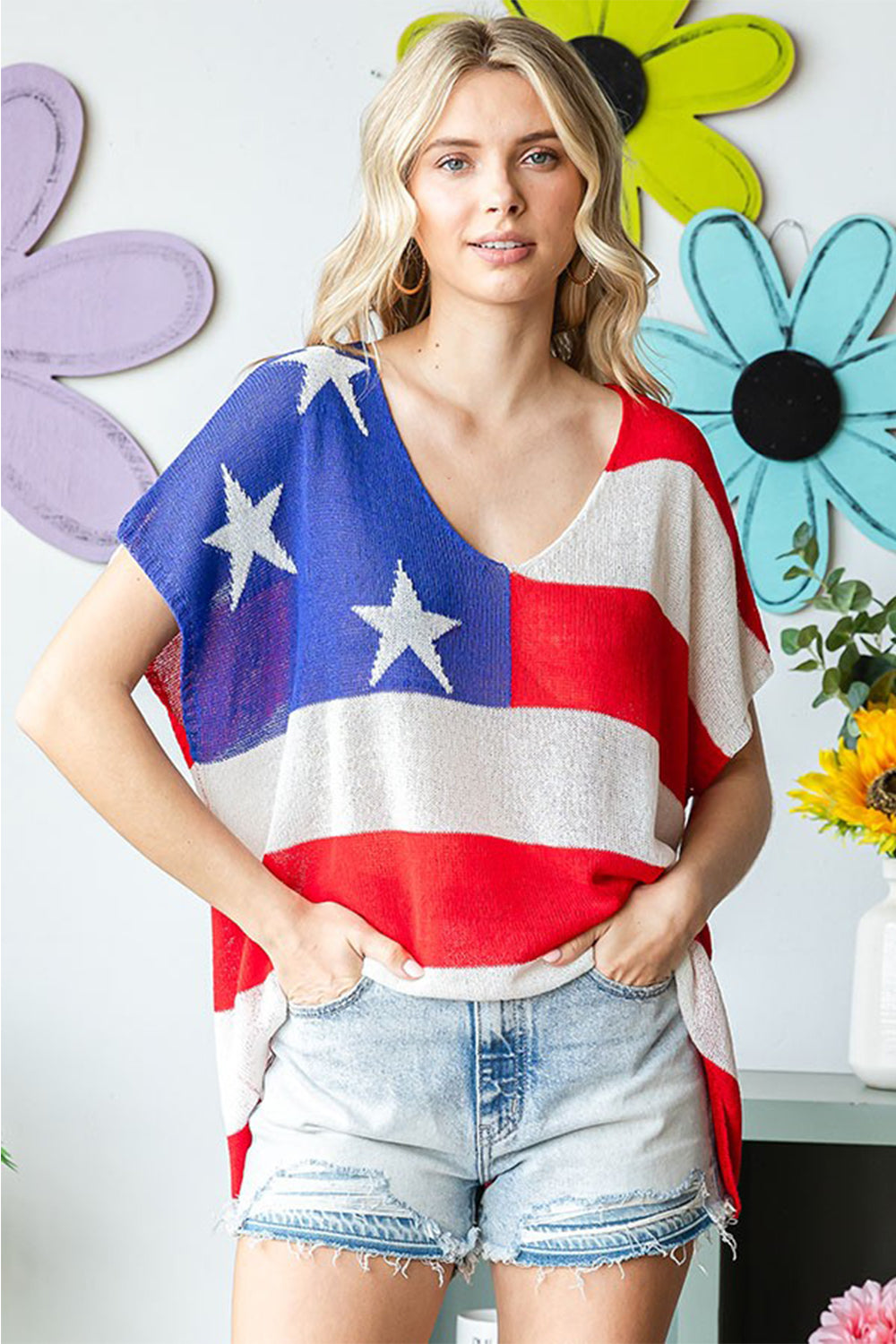 Full Size USA Flag Drop Shoulder Knit Top