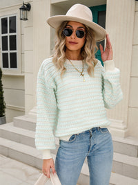 Angel Wings Striped Buttoned Round Neck Sweater