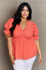 Culture Code Tops Coral / S Whimsical Wonders Full Size V-Neck Puff Sleeve Button Down Top