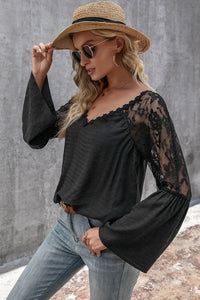 Ivy Lane V-Neck Spliced Lace Flare Sleeve Top