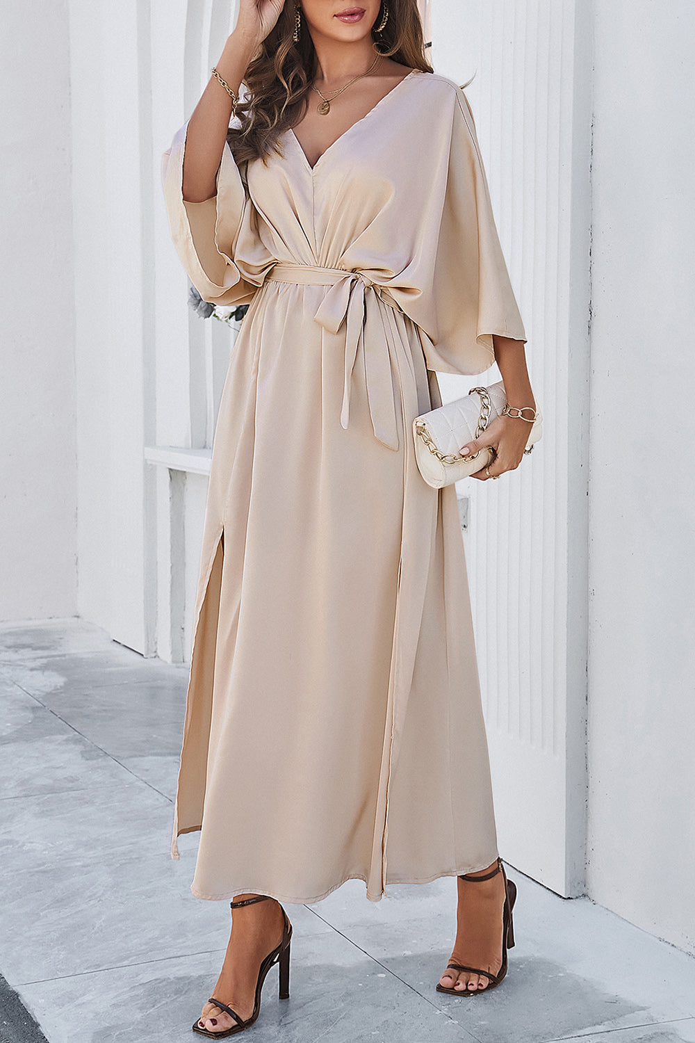 Devine Slit Tied V-Neck Three-Quarter Sleeve Dress