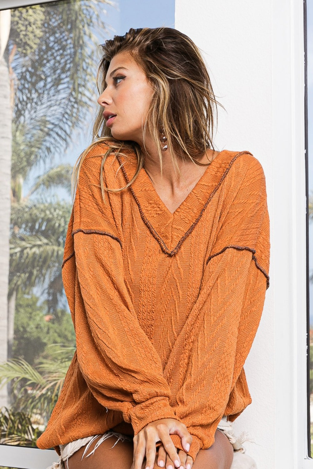 Textured Exposed Seam Drop Shoulder Knit Top