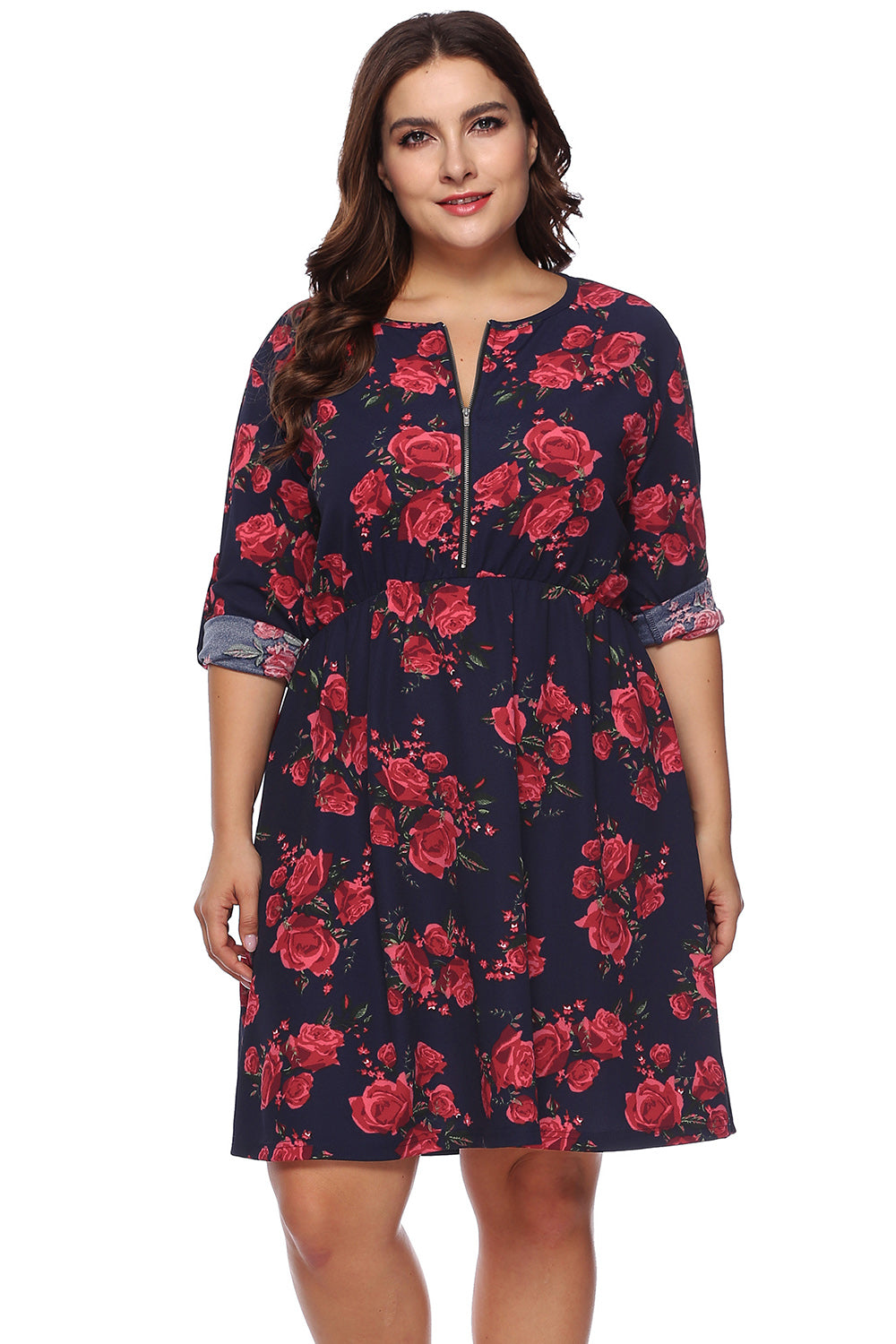 Plus Size Floral Print Half Zip Up Dress