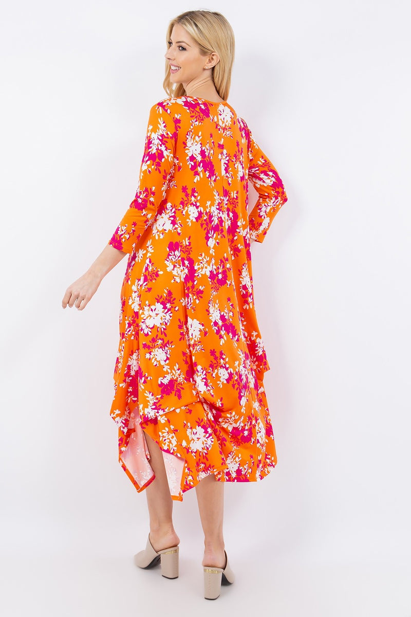 Full Size Pick-Up Hem Asymmetric Floral Midi Dress