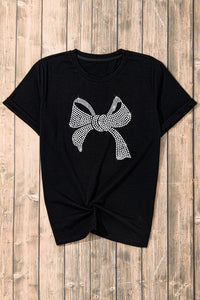 Rhinestone Bow Graphic Round Neck Short Sleeve T-Shirt