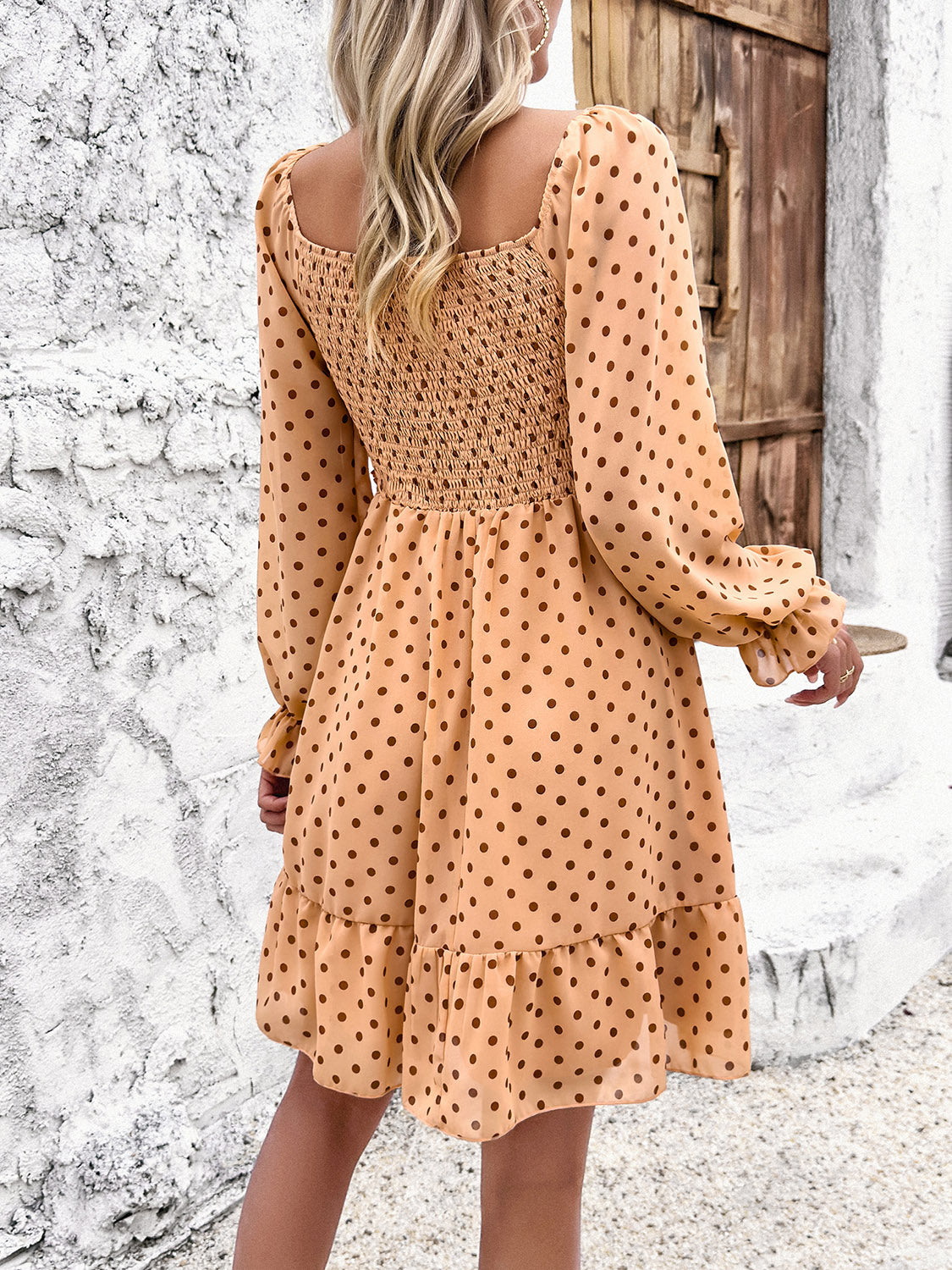 Devine Smocked Polka Dot Long Sleeve Dress