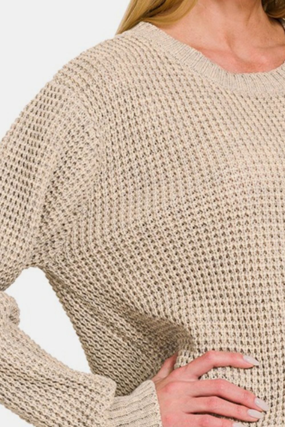 High Low Long Sleeve Waffle Sweater