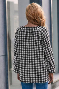 Ivy Lane Plaid Tie Neck Balloon Sleeve Blouse