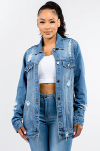 Full Size Button Up Distressed Denim Jacket